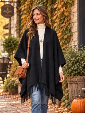 Black Cape Open Poncho Fringe Bottom One Size Cozy Fall Winter Layer